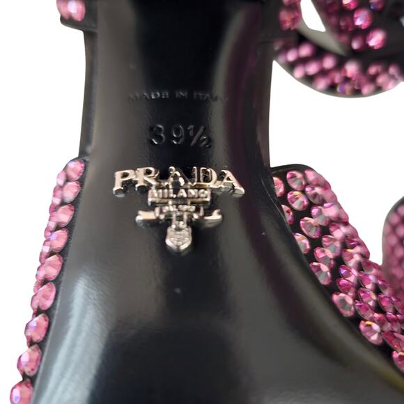 Prada Crystal Embellished Pink Ankle Strap Heel Sandal Size 39.5 US 9.5 Open Toe - Picture 8 of 9